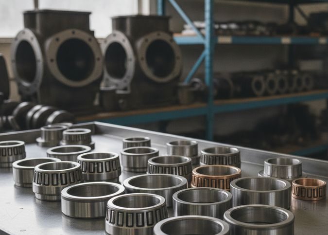 Bronzinas de mancal e biela para motor John Deere dispostas em bancada de retífica industrial