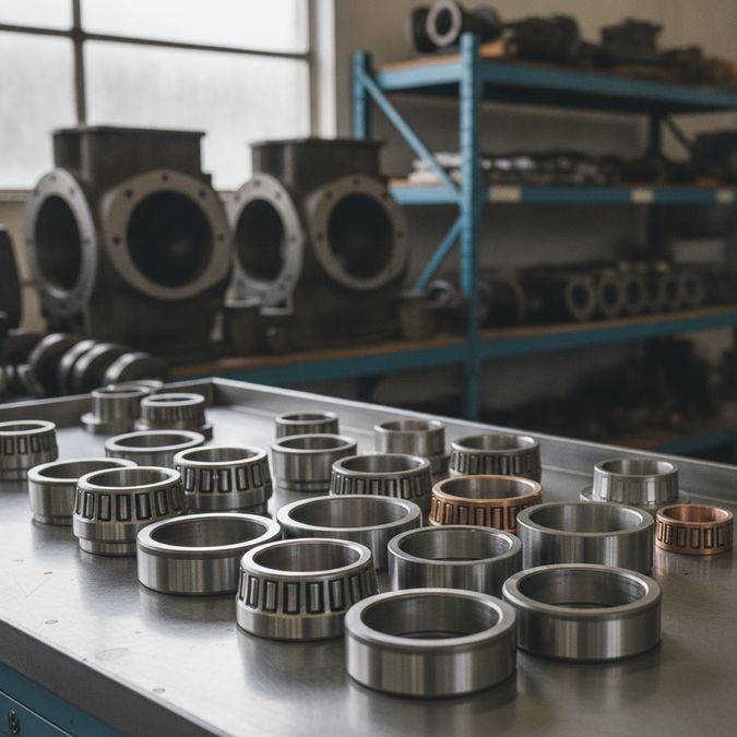 Bronzinas de mancal e biela para motor John Deere dispostas em bancada de retífica industrial